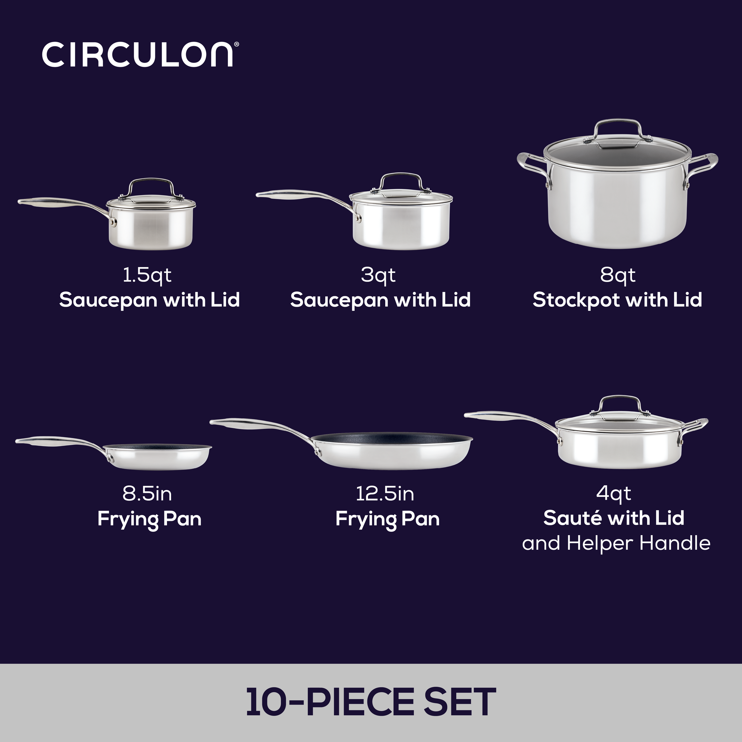 A 10-piece set of silver cookware including pans and pots with lids.
