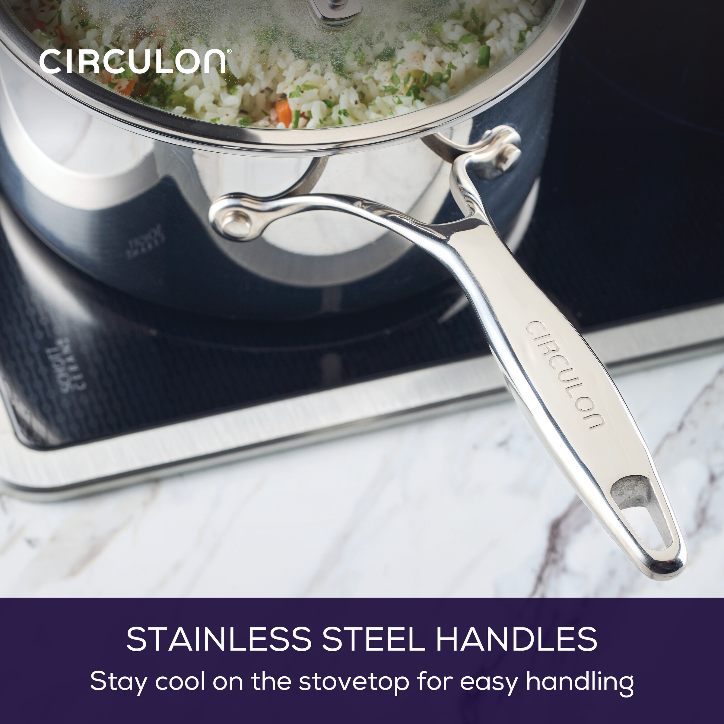 Stainless steel handles on a pot, designed for cool-touch stovetop use.