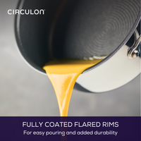 Sauce poured from a pan with flared rims and coated interior.