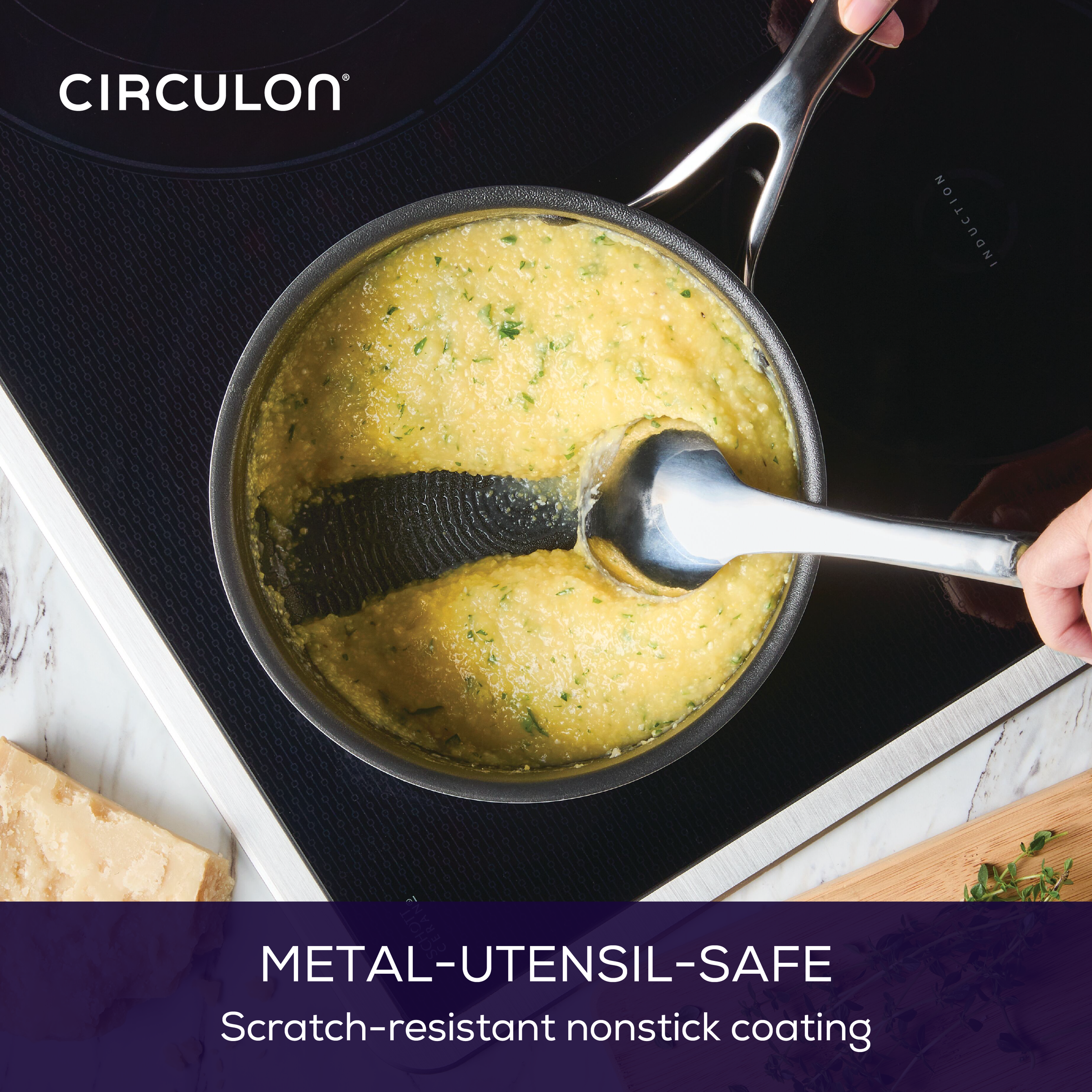 Cooking polenta in a pan with a spoon on a stovetop.