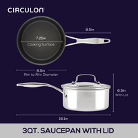 Diagram showing dimensions of Circulon 3qt. saucepan and lid.