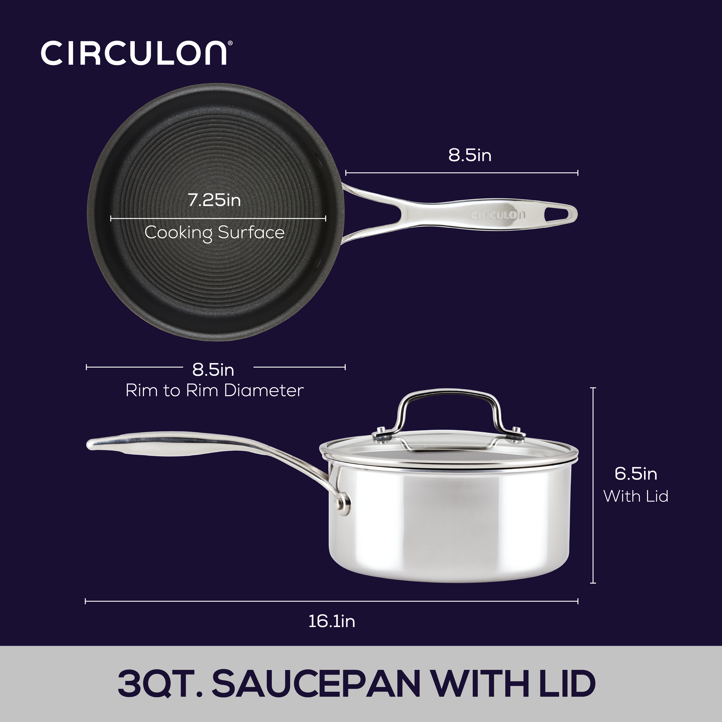 Diagram showing dimensions of Circulon 3qt. saucepan and lid.