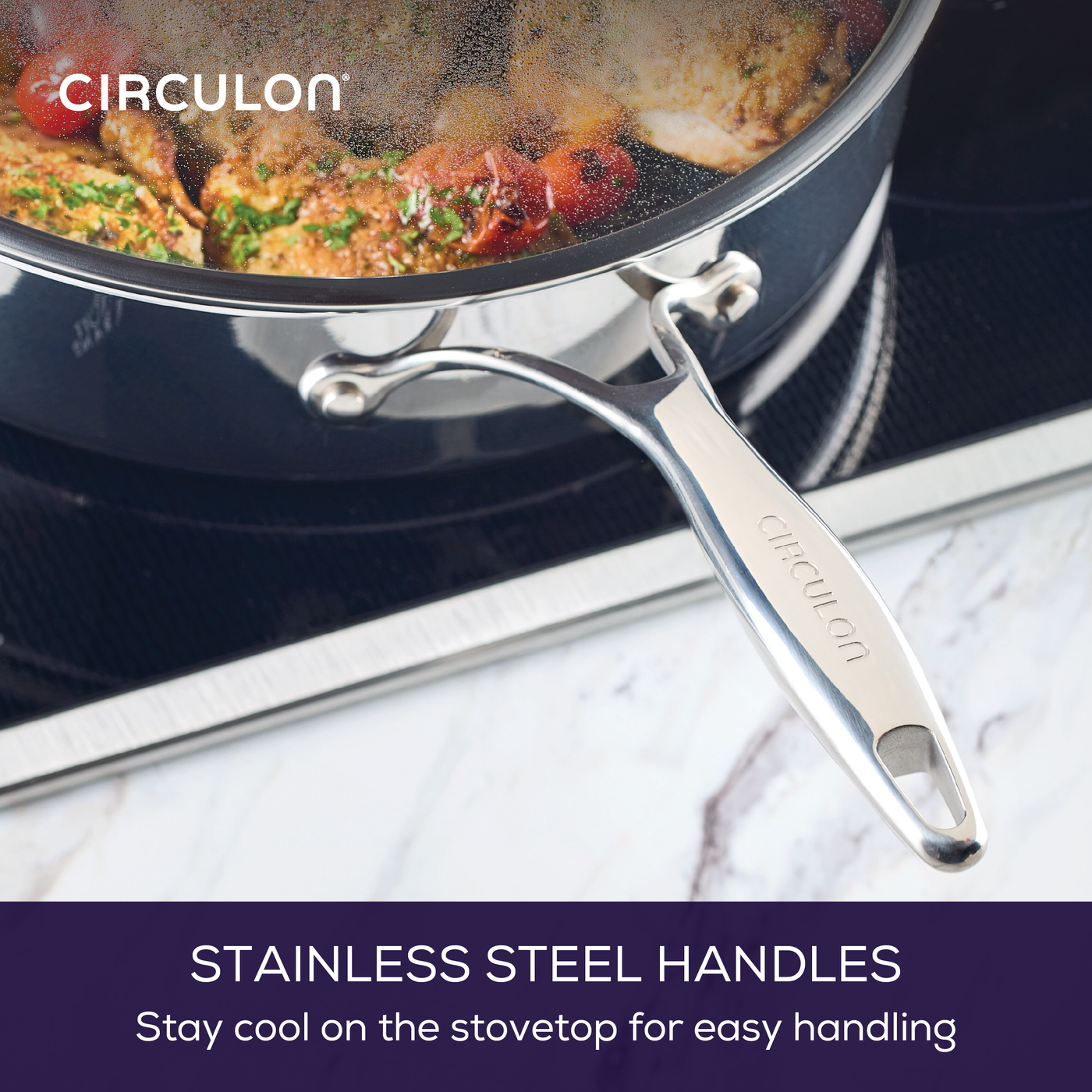 Cooking pot with a clear lid on a stovetop; stainless steel handle visible.