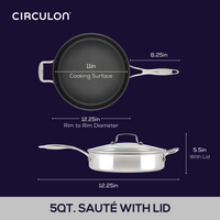 Diagram of a 5-quart sauté pan with measurements and a lid.