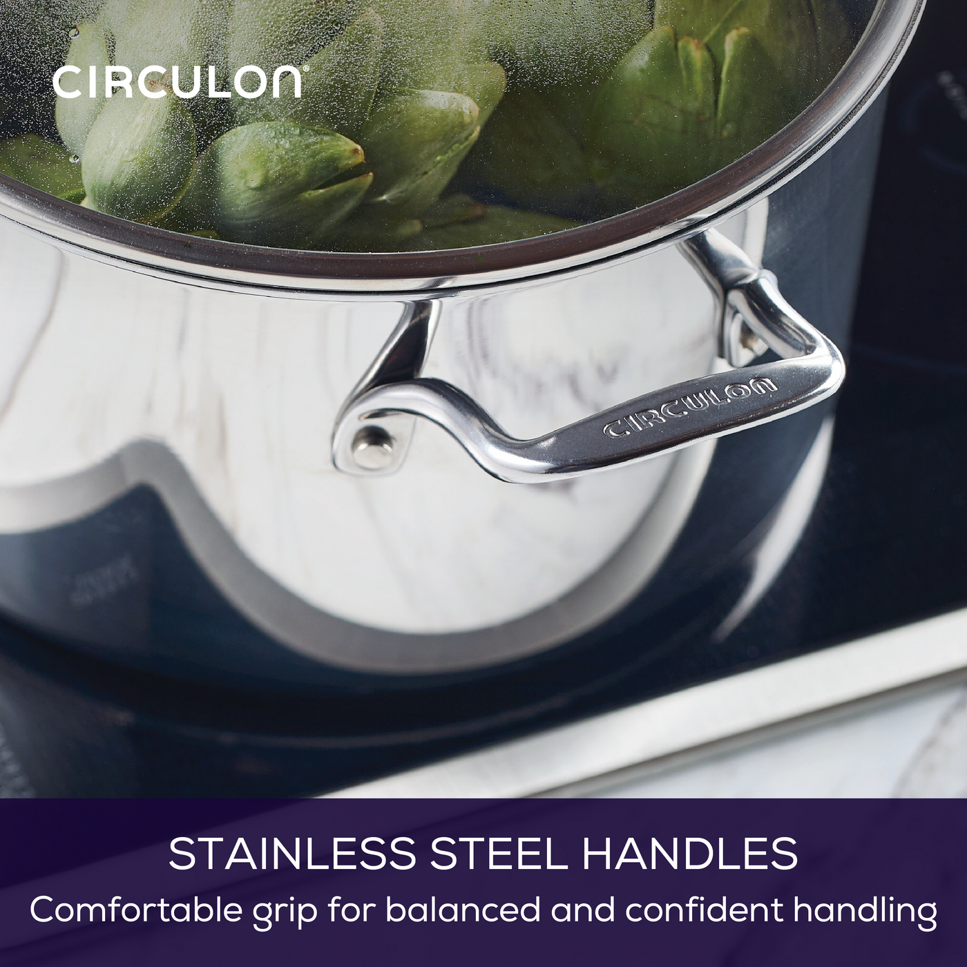 A pot with stainless steel handles on a stovetop.