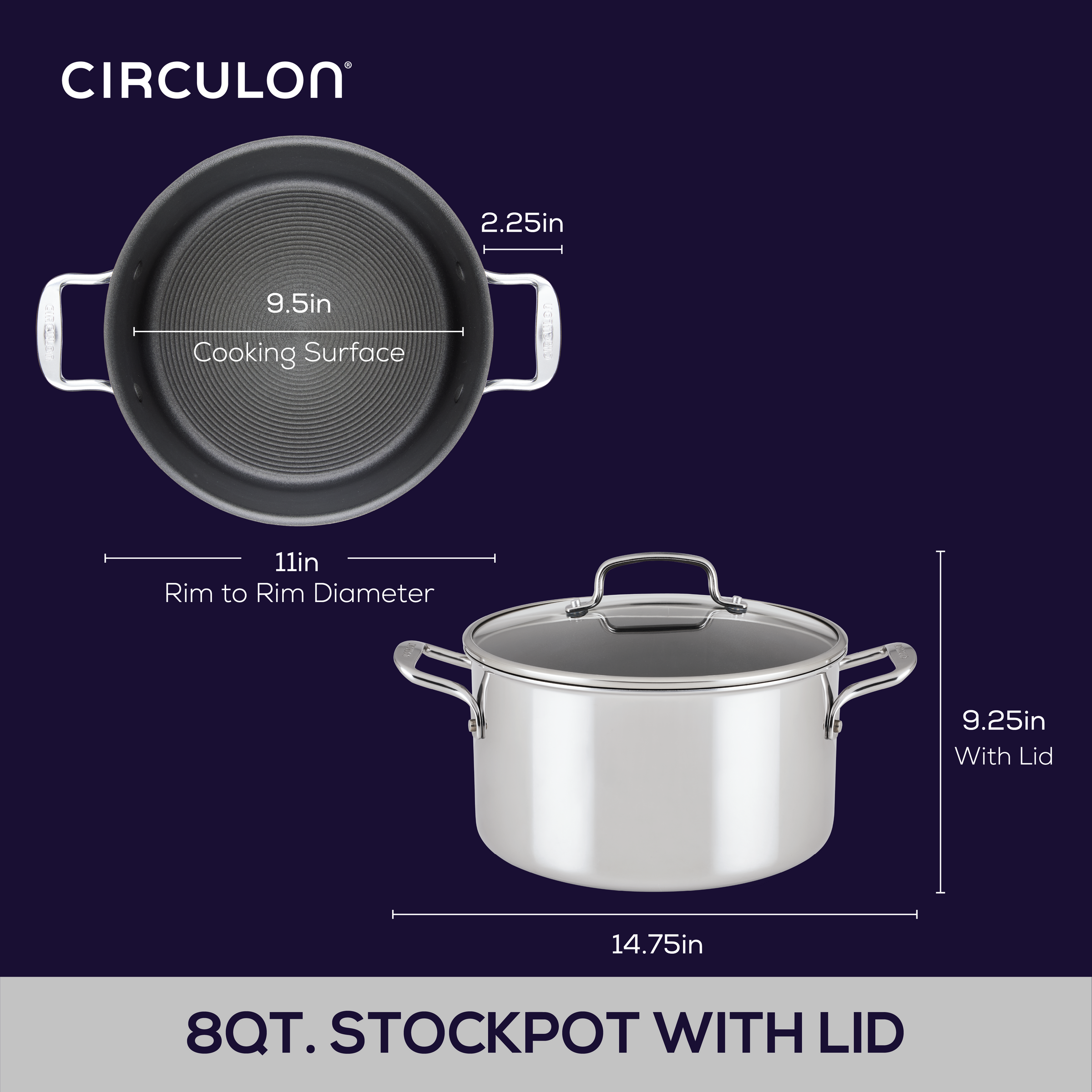 Diagram of an 8qt stockpot with lid and measurements labeled.