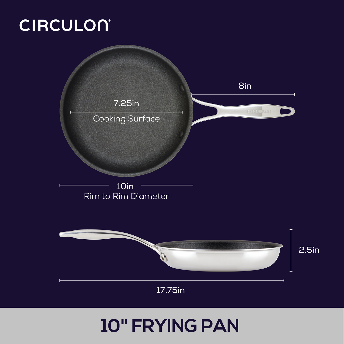 Diagram of a 10-inch frying pan with labeled measurements.