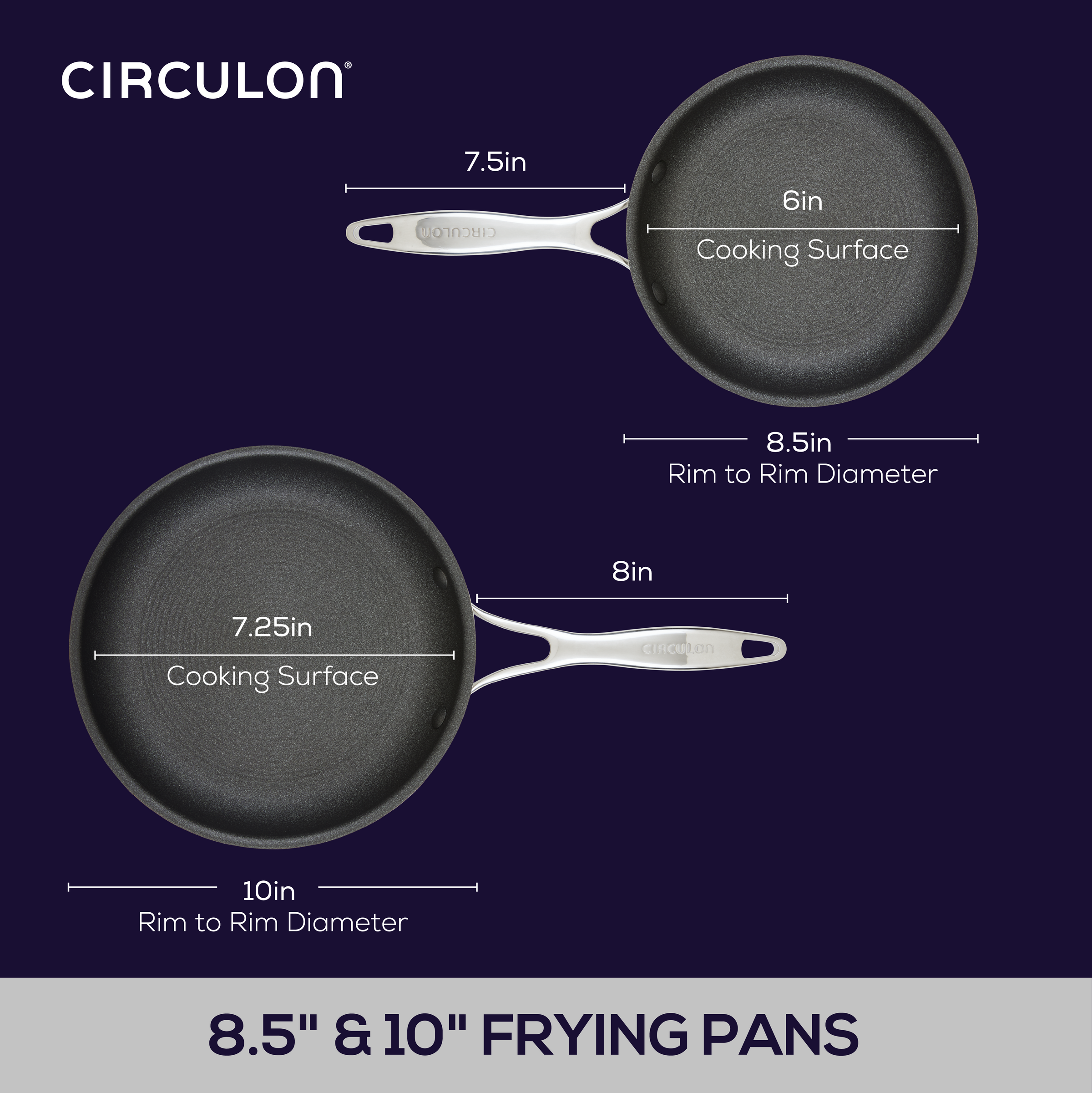 Two nonstick frying pans with measurements and 'Circulon' brand name.