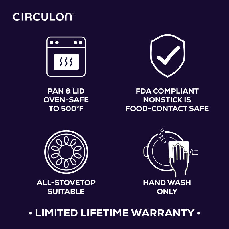 Icons show: C1 Series ScratchDefense Nonstick 7-Qt Braiser—oven-safe, nonstick.