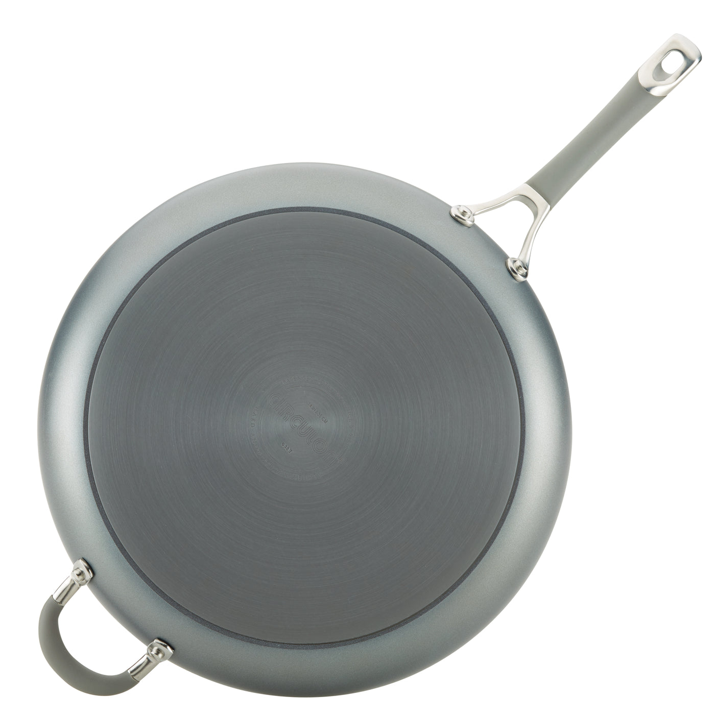 Bottom view of a gray frying pan with two handles.