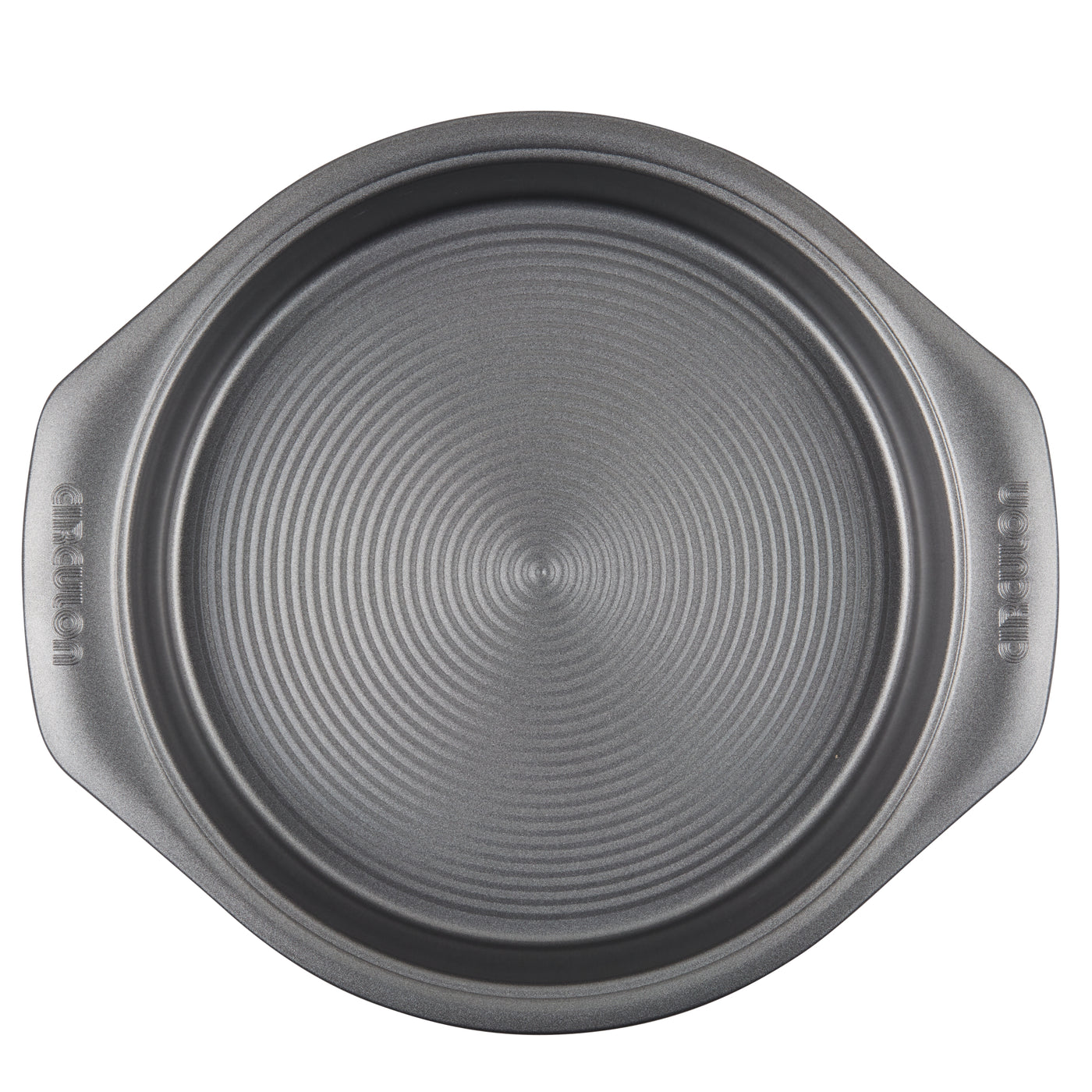 Round non-stick cake pan with handles and a textured base.