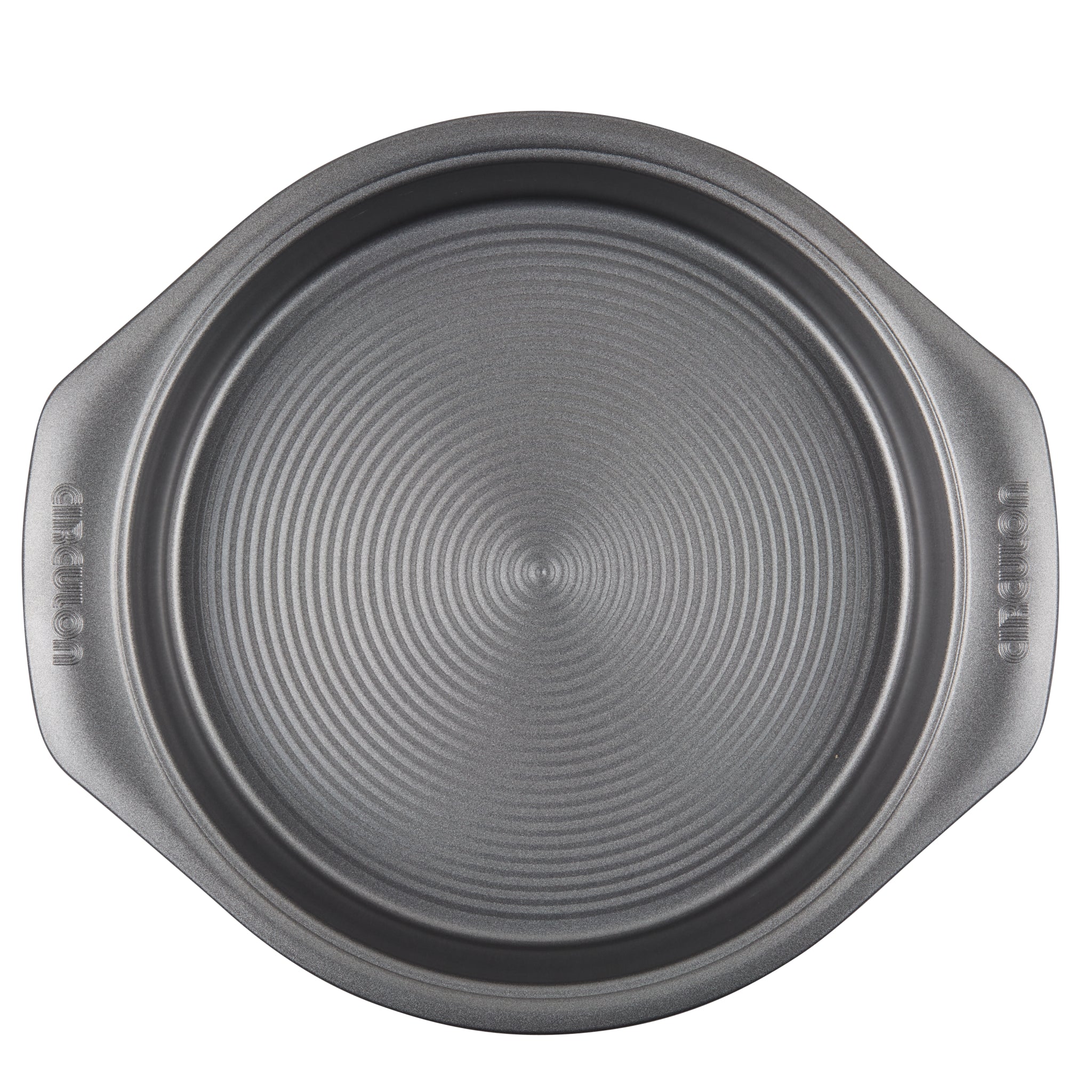 Round non-stick cake pan with handles and a textured base.