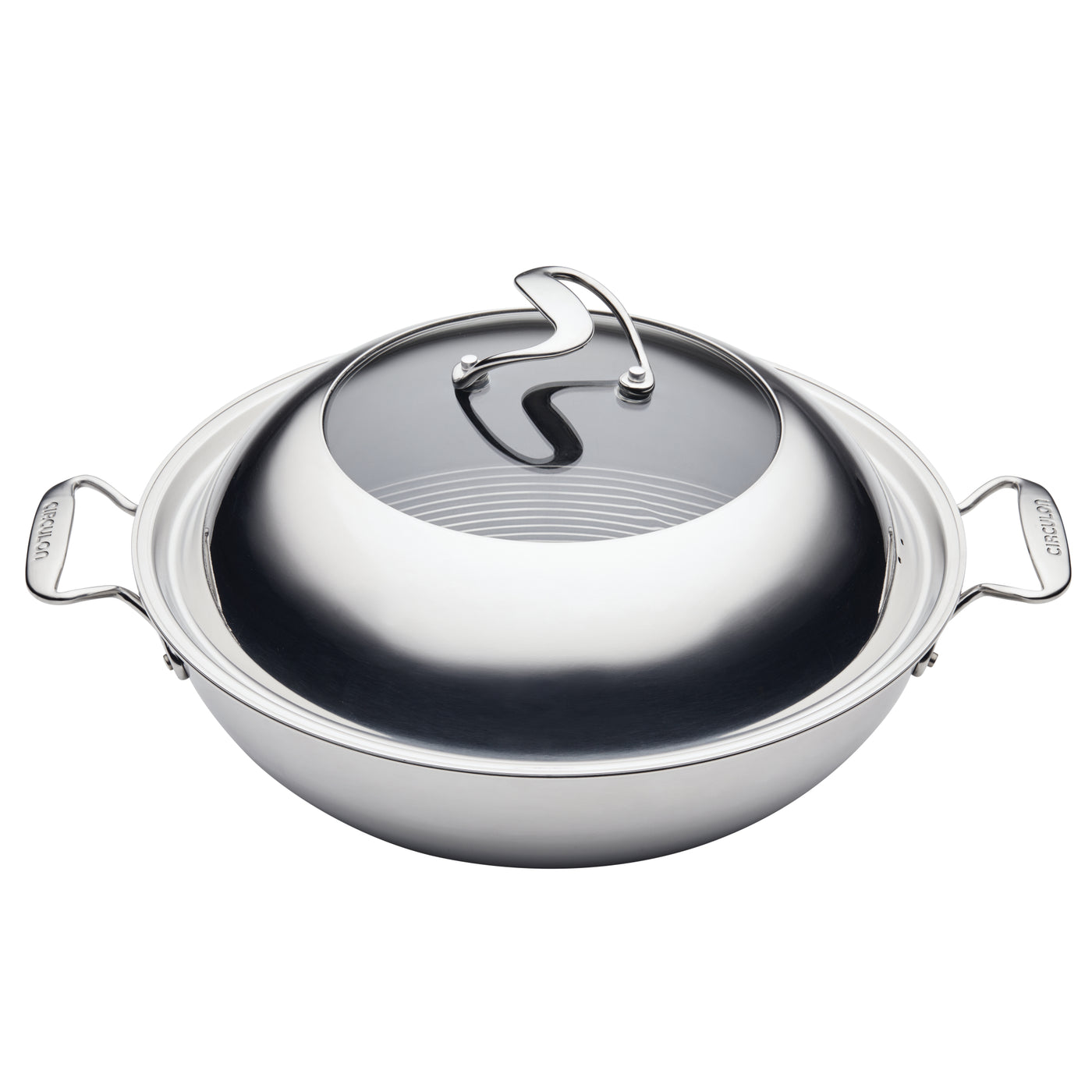 Stainless steel wok with a domed lid and side handles.