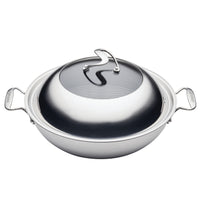 Stainless steel wok with a domed lid and side handles.