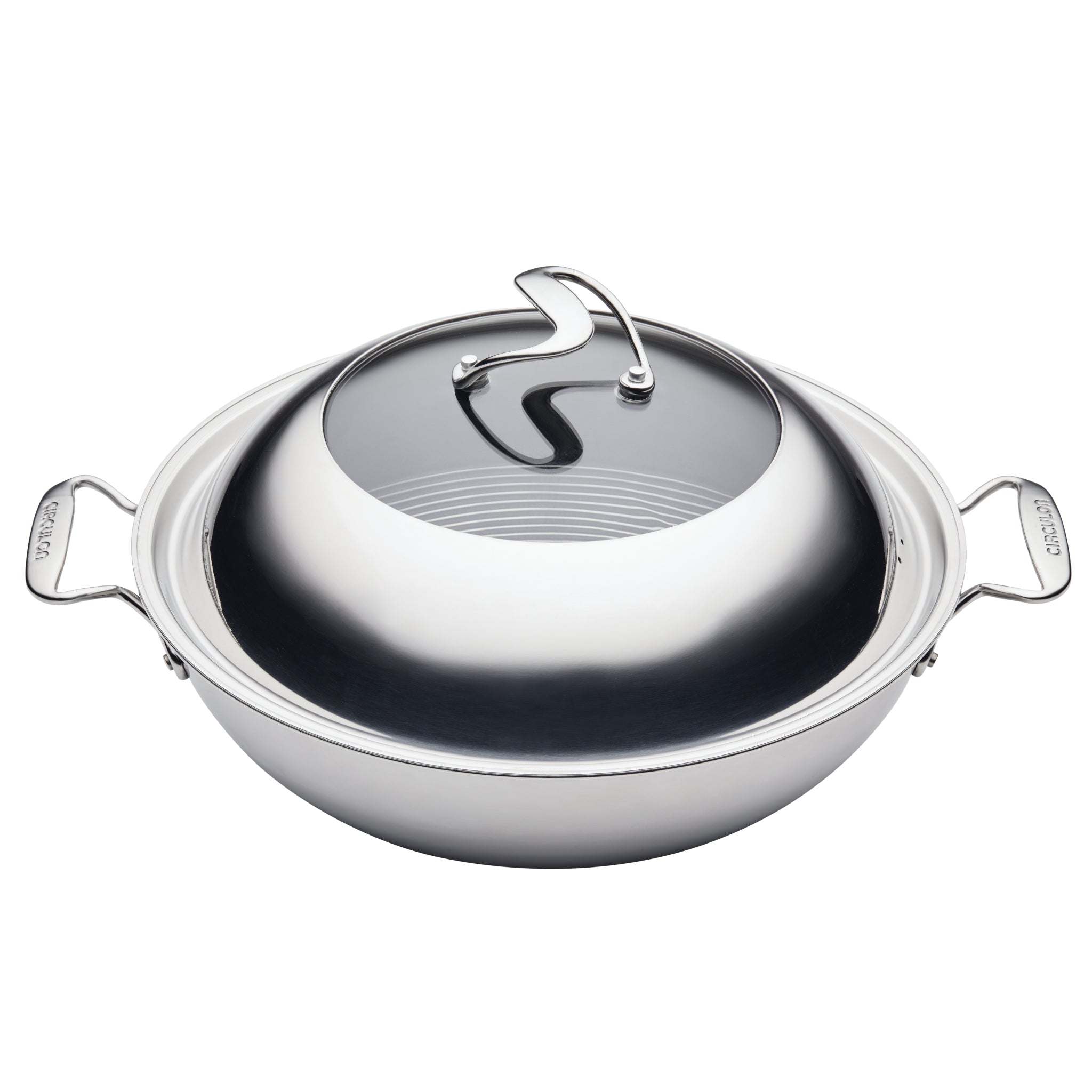 Stainless steel wok with a domed lid and side handles.