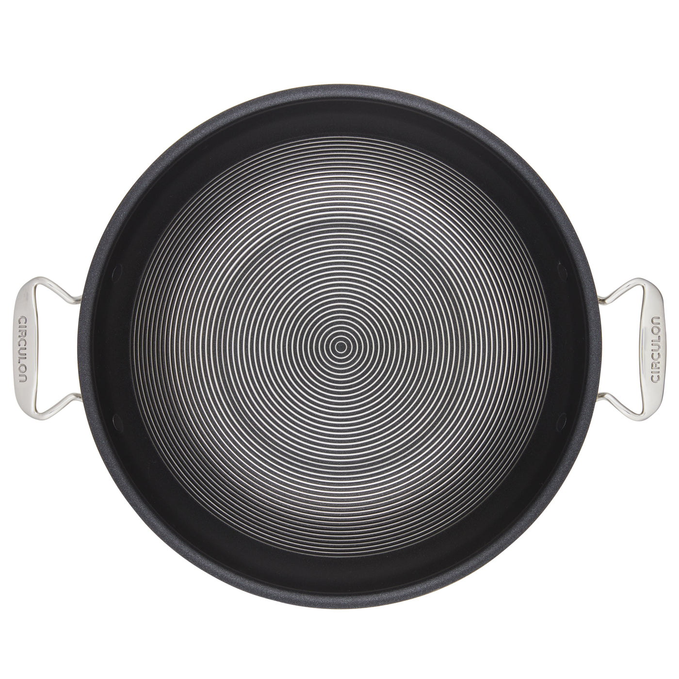 Overhead view of a circular non-stick frying pan with metallic handles.