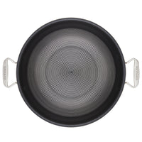 Overhead view of a circular non-stick frying pan with metallic handles.