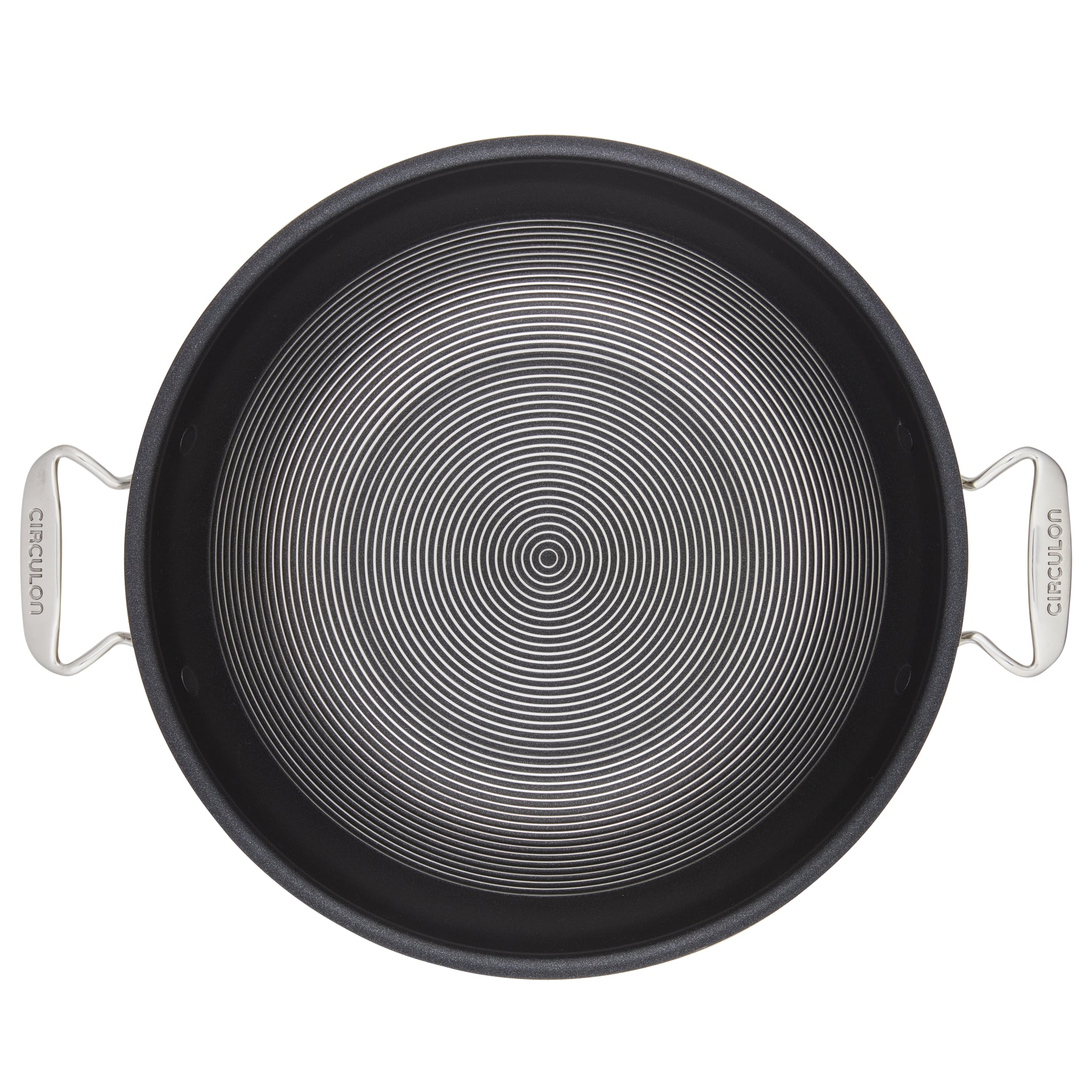 Overhead view of a circular non-stick frying pan with metallic handles.