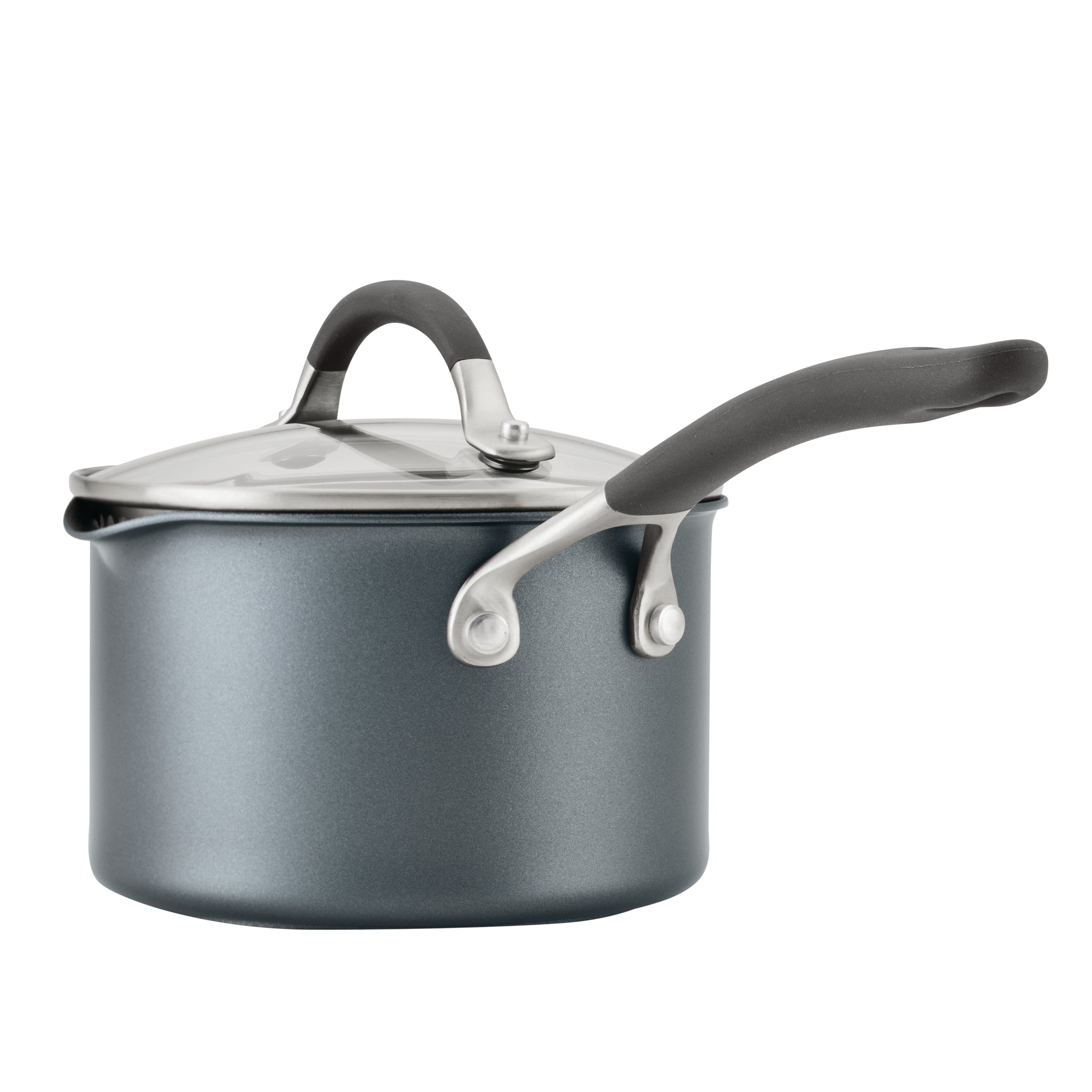 Gray 2-Quart A1 ScratchDefense™ Pan with black handles and a lid.
