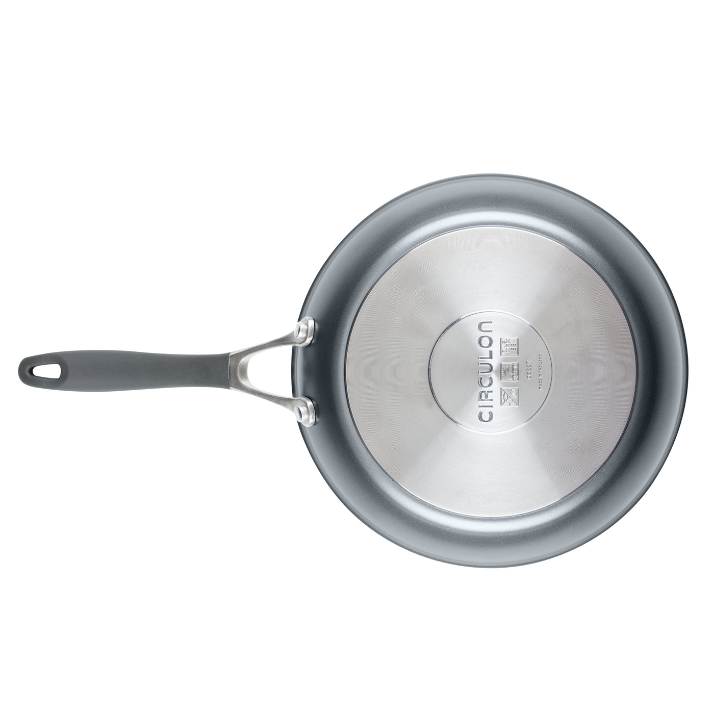 Stainless steel frying pan with a black handle, viewed from above.