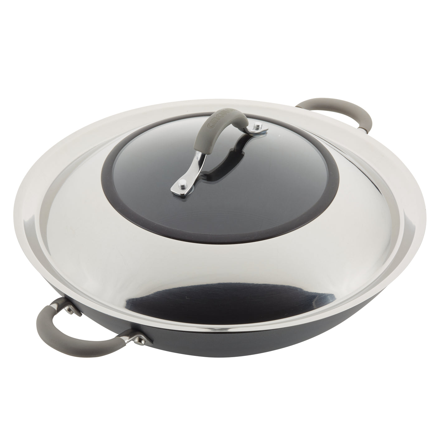 Stainless steel wok with a lid and gray handles.