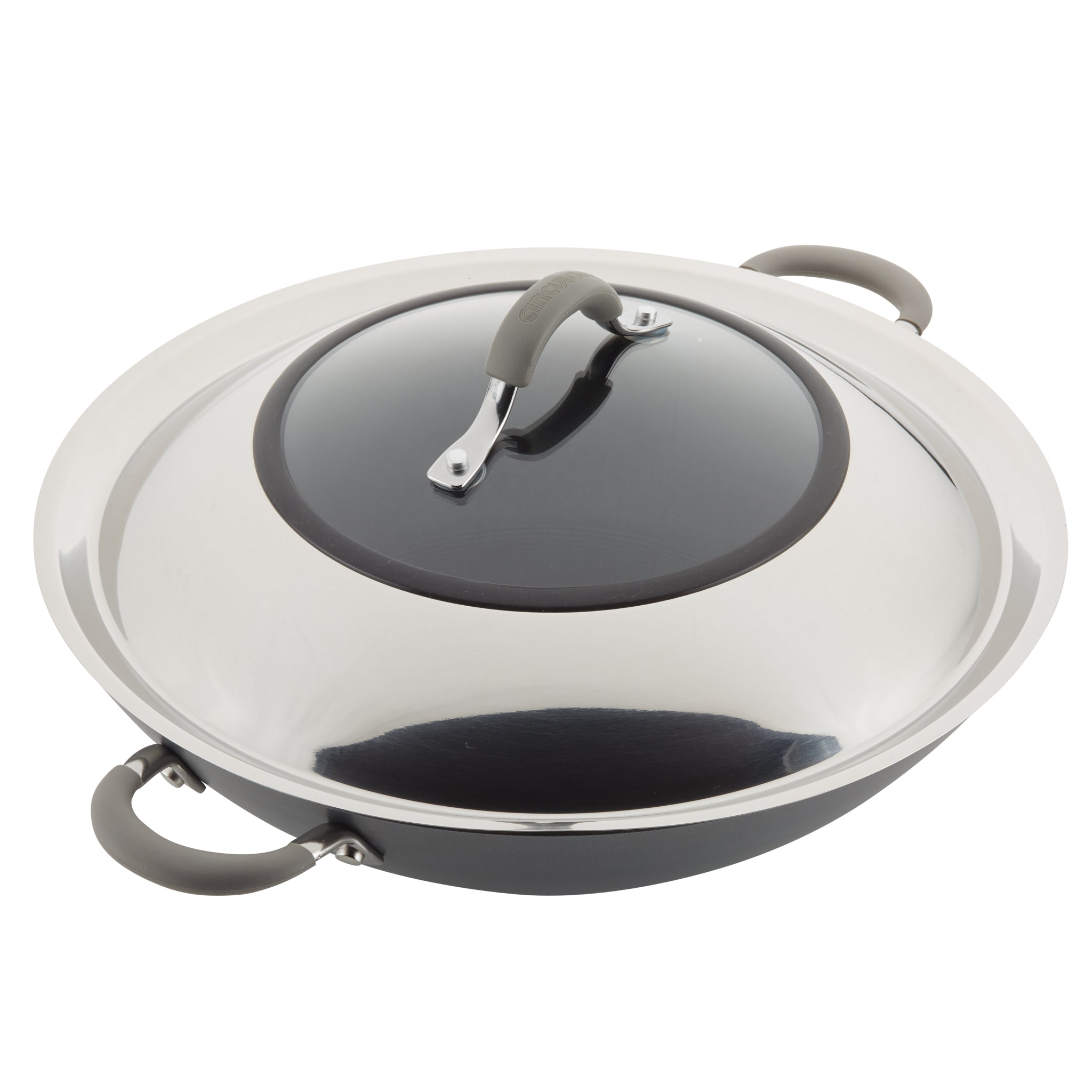 Stainless steel wok with a lid and gray handles.