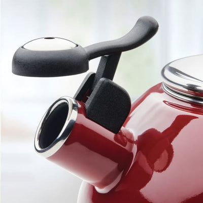 Red kettle with a black handle and spout, close-up view.