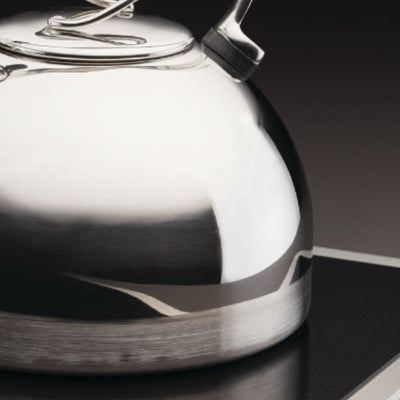 A stainless steel kettle on an induction cooktop.