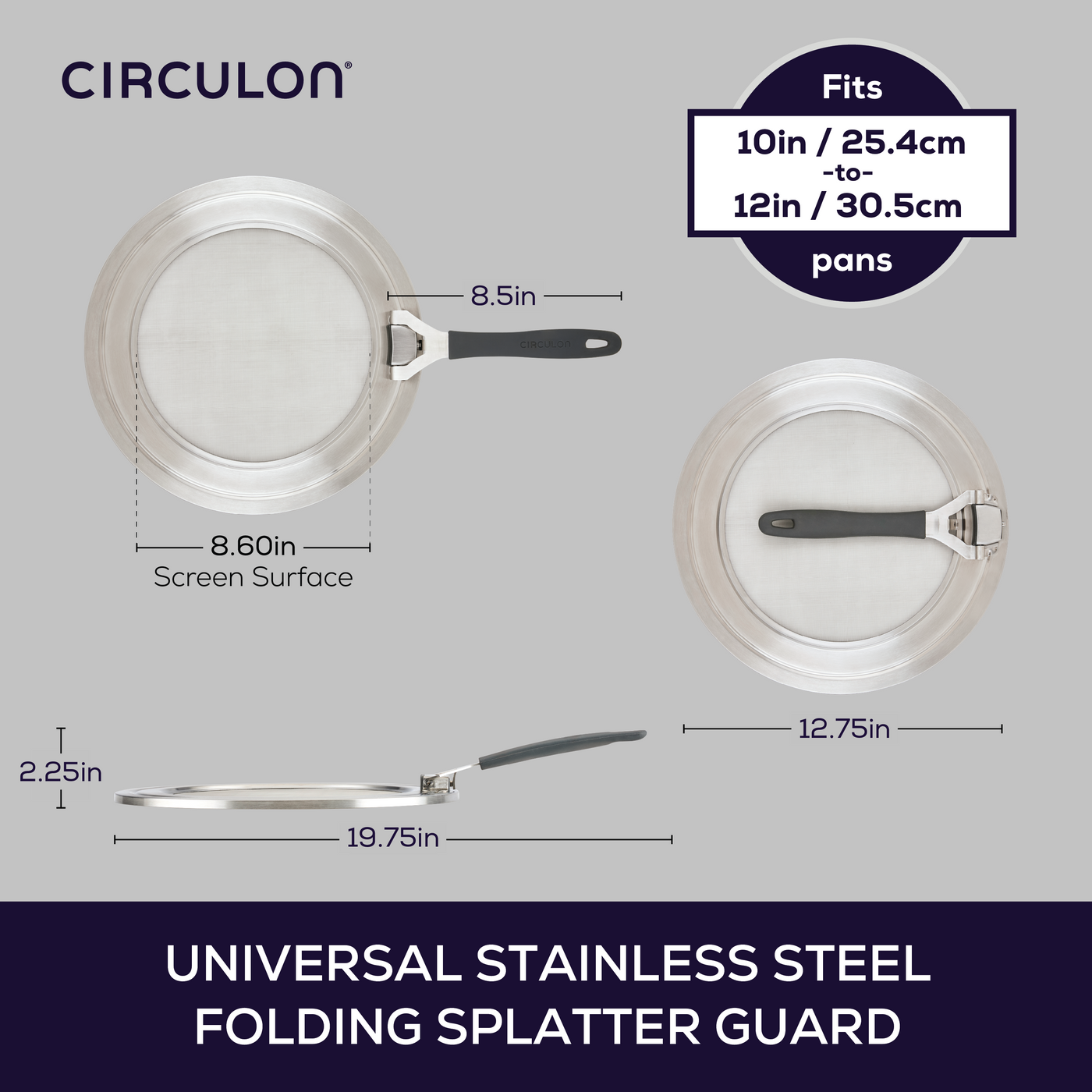 Universal Steel Splatter Guard: collapsible, dishwasher-safe, with measurements.