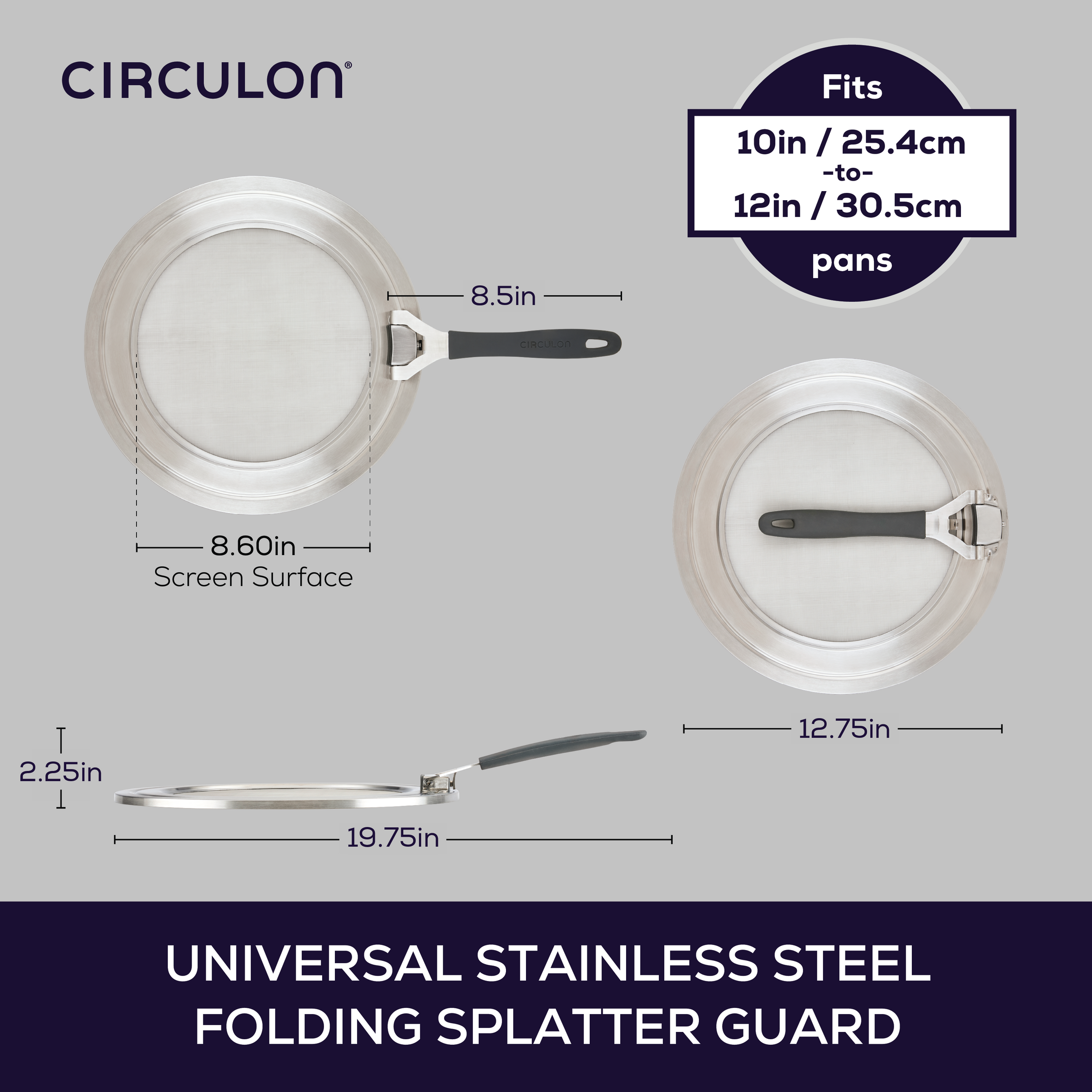 Universal Steel Splatter Guard: collapsible, dishwasher-safe, with measurements.