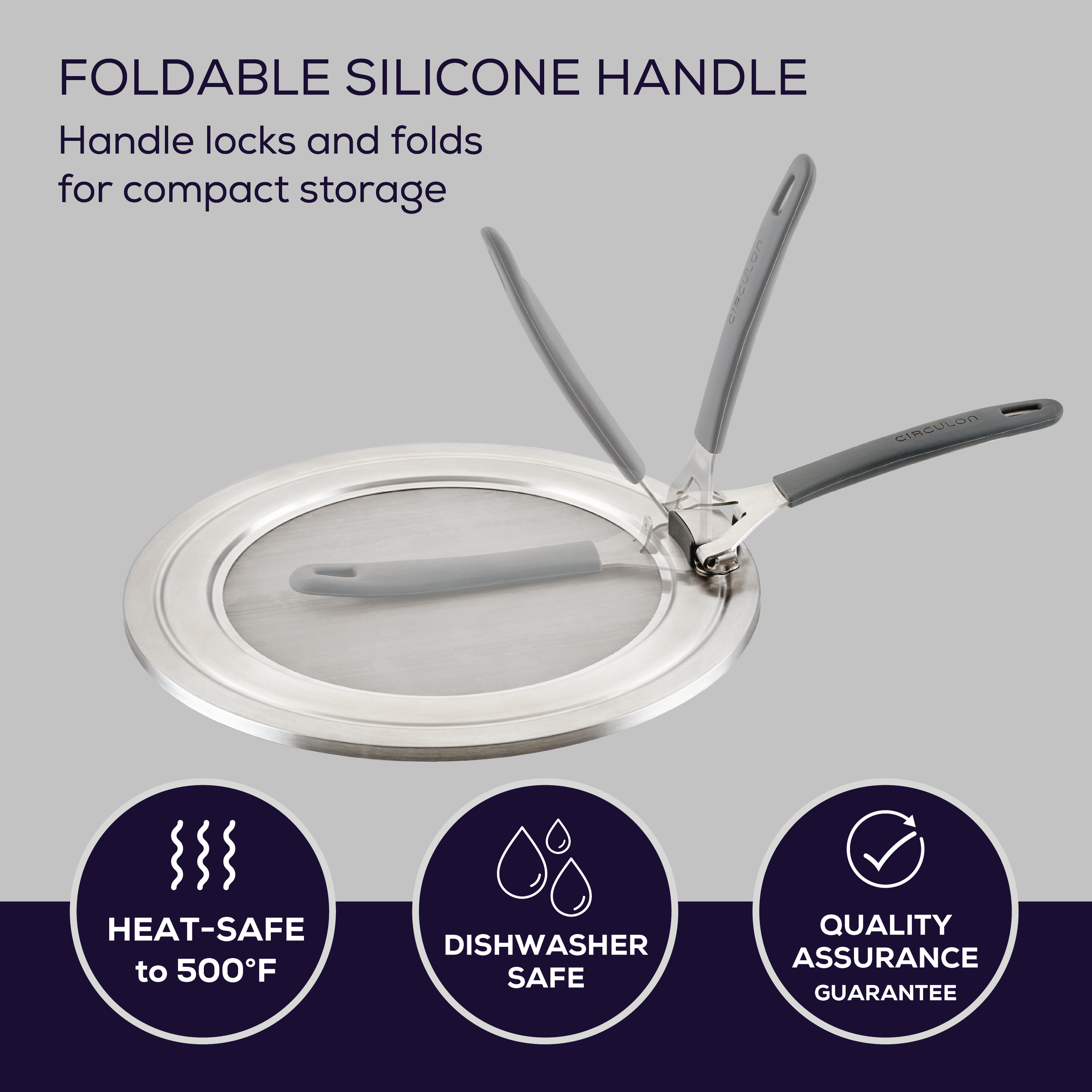 Splatter guard with foldable silicone handle and dishwasher-safe design.