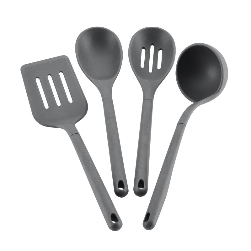 4-Piece Silicone Tools Set includes spatula, spoon, slotted spoon, and ladle.