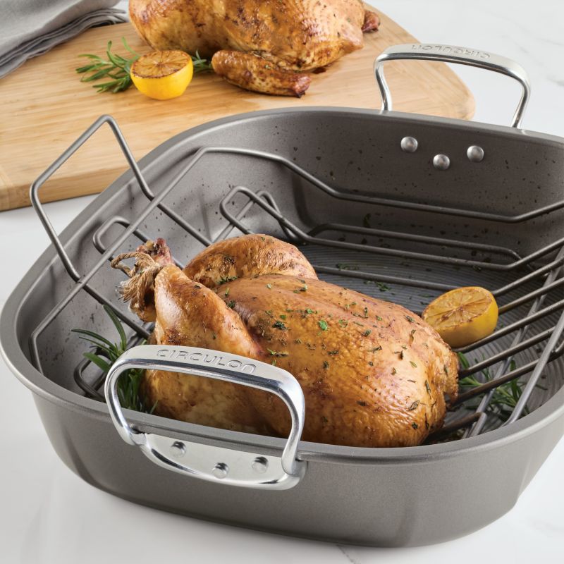 Roasted chicken with herbs in the Nonstick 18"x15" Oval Roaster—perfect for holidays.