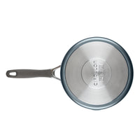 Top view of a gray saucepan with a long handle on a white background.