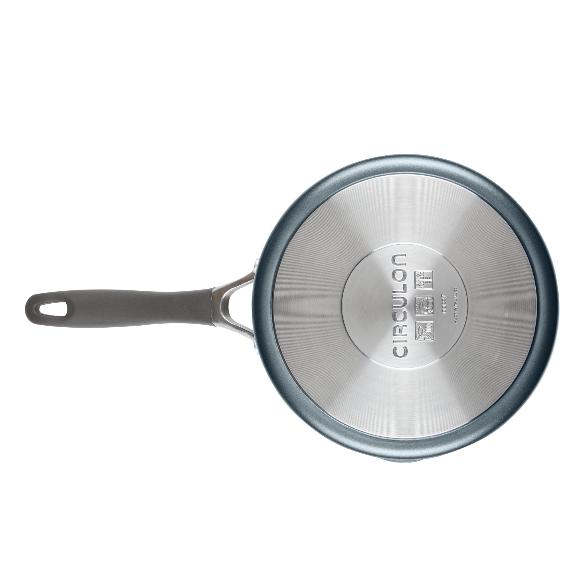 Top view of a gray saucepan with a long handle on a white background.