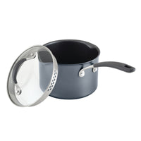 A non-stick saucepan with a glass lid, black handle, and metal accents.