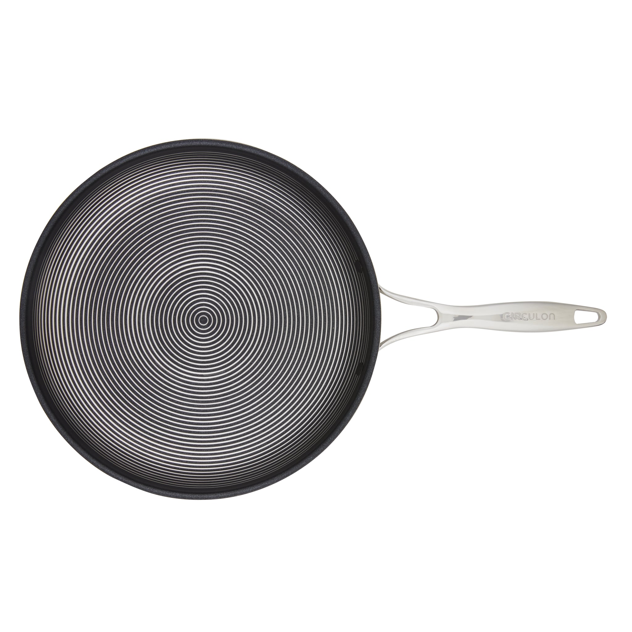 Top view of a non-stick frying pan with a metal handle.