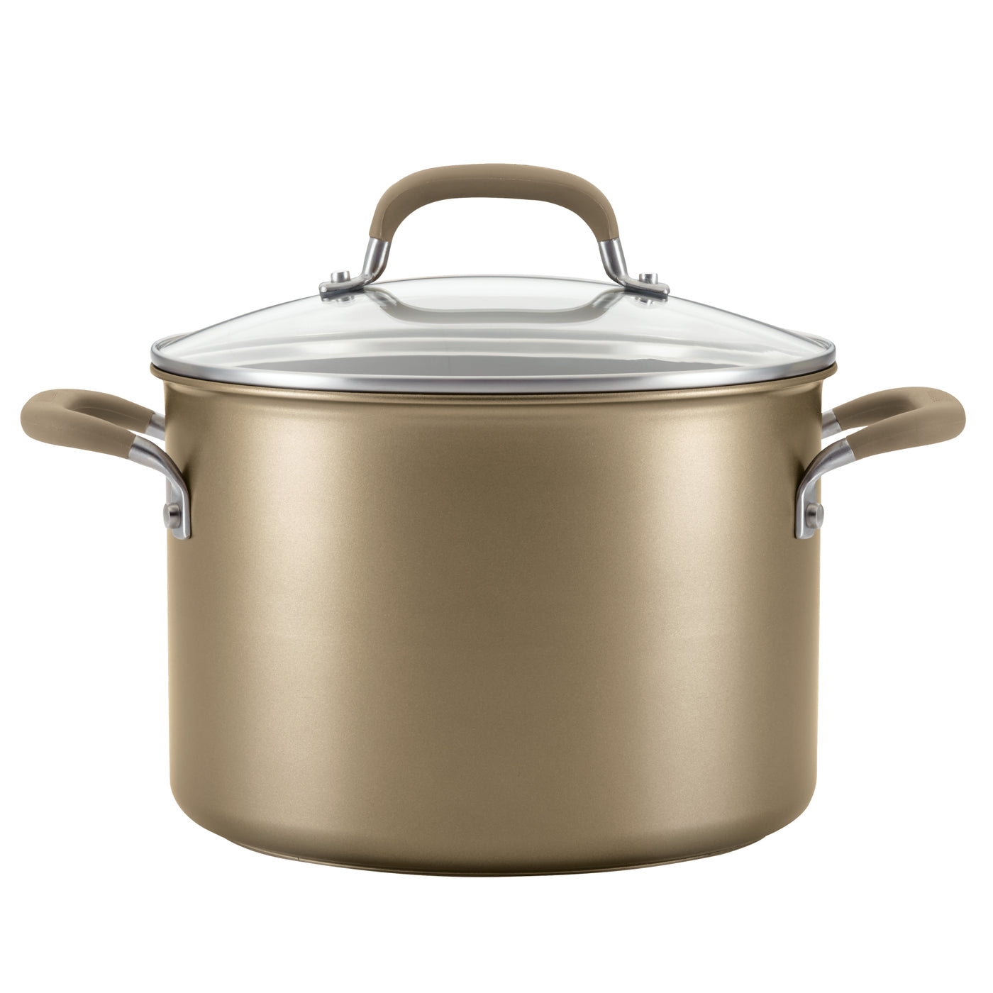 A gold cooking pot with a glass lid and side handles.