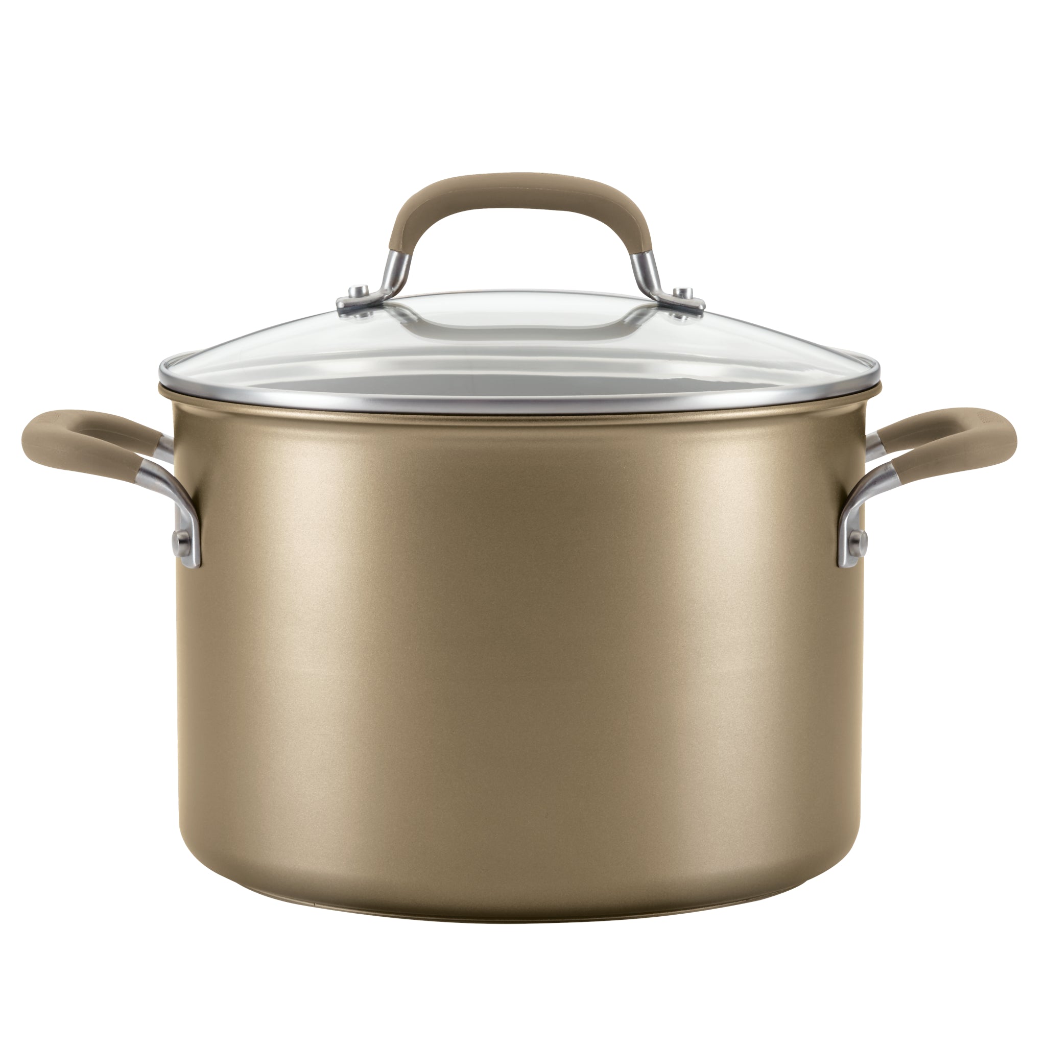A gold cooking pot with a glass lid and side handles.