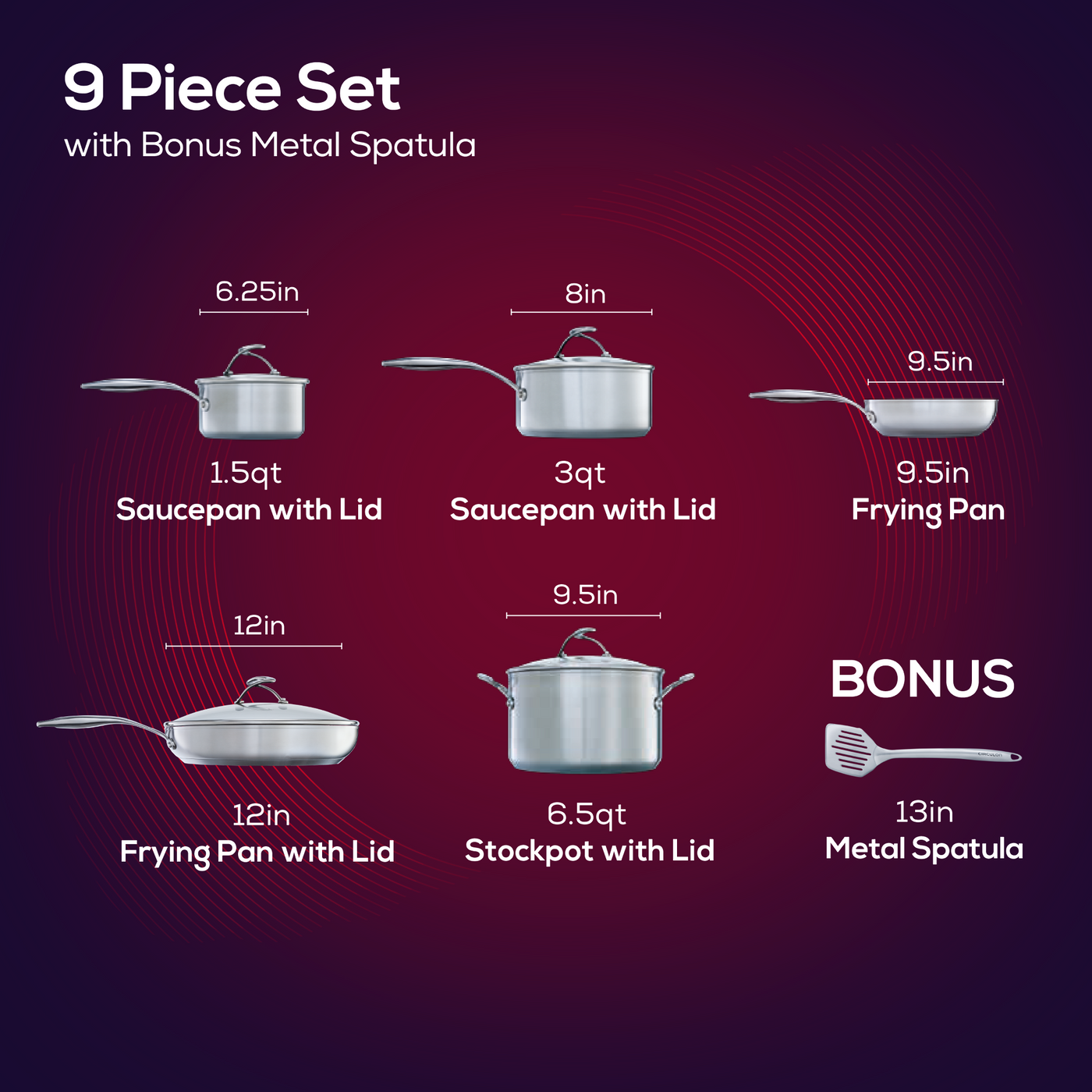 Cookware set: 3 saucepans, 3 frying pans, stockpot, spatula.