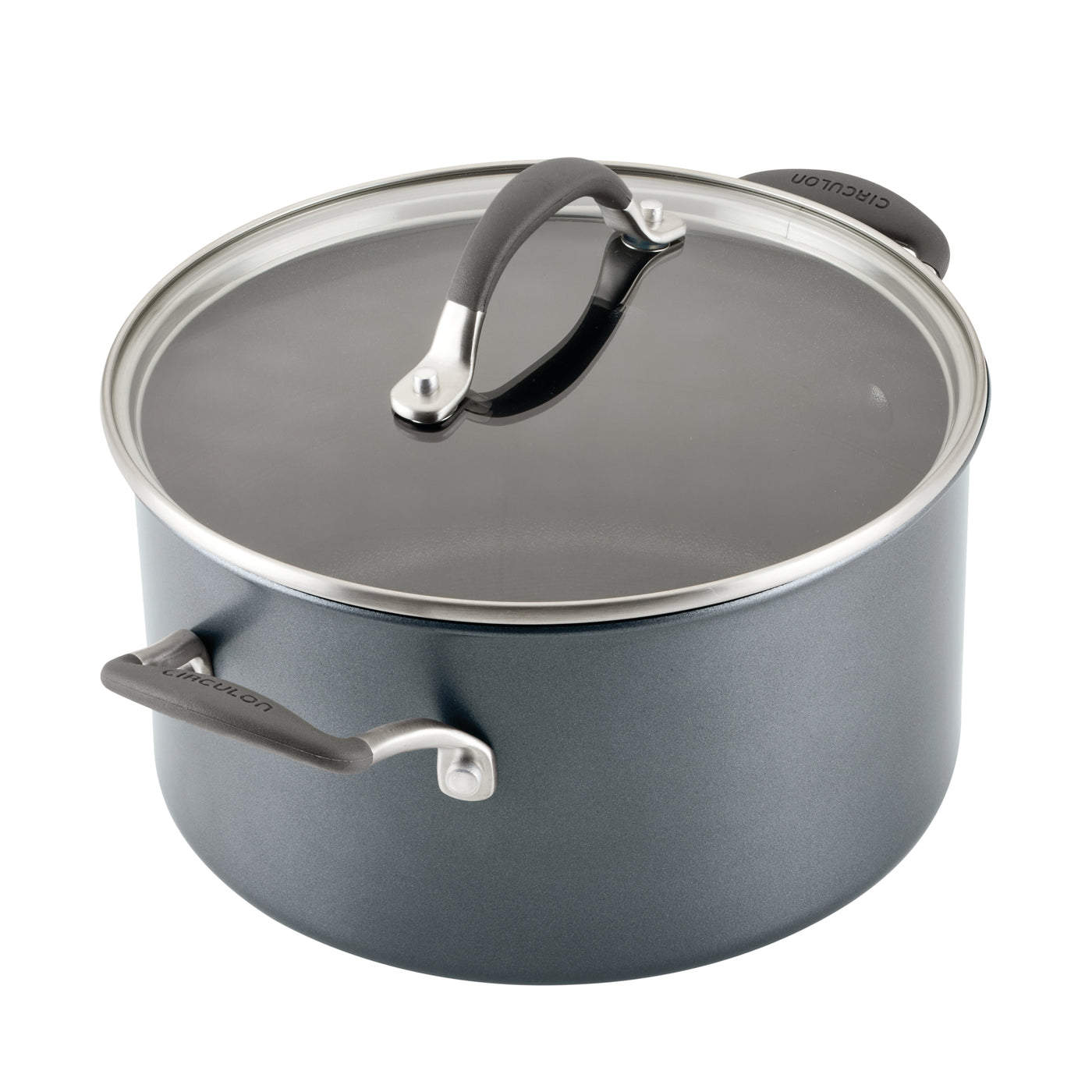A gray cooking pot with a glass lid and black handles.