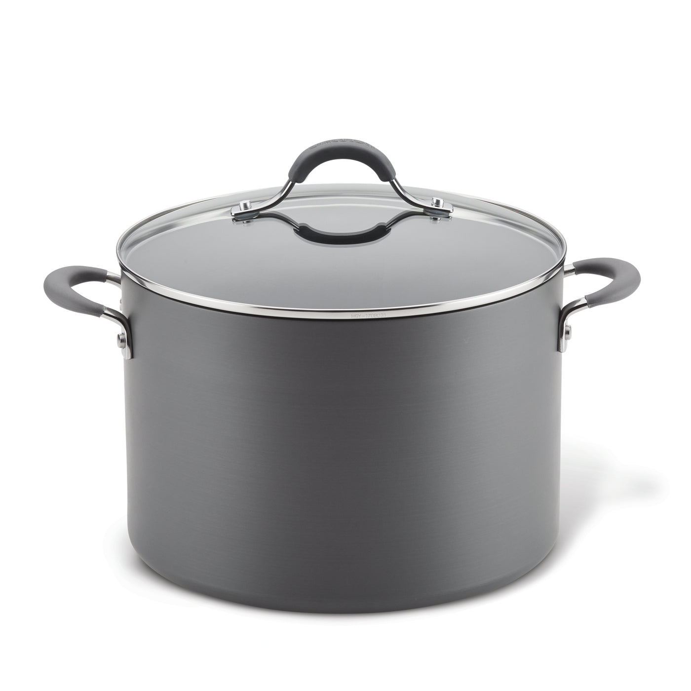 Large gray cooking pot with a glass lid and black handles.
