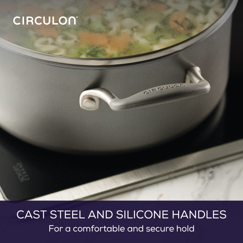 A 5-Quart ScratchDefense Nonstick Dutch Oven with Lid sits on an induction cooktop.