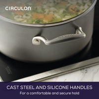 A 5-Quart ScratchDefense Nonstick Dutch Oven with Lid sits on an induction cooktop.