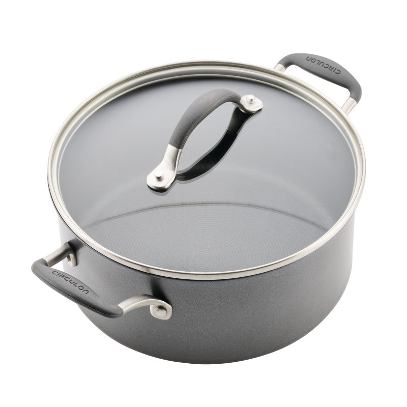 5-Quart ScratchDefense nonstick Dutch oven with lid and two handles, gray.