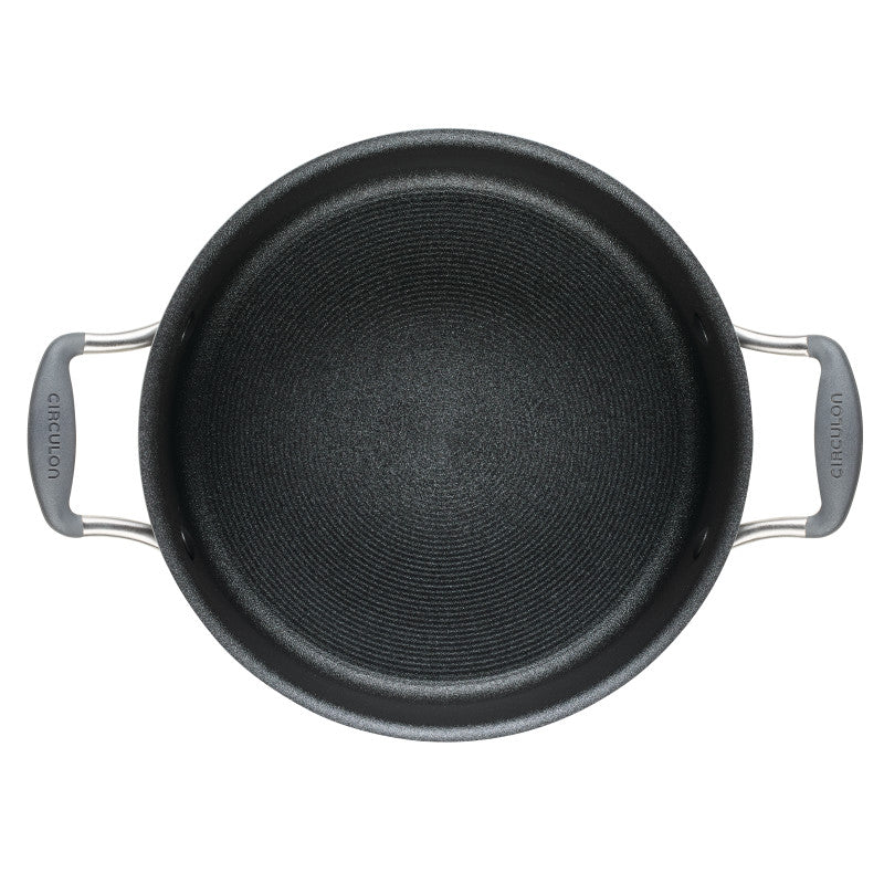 A black 5-Quart ScratchDefense Nonstick Dutch Oven with handles and lid.
