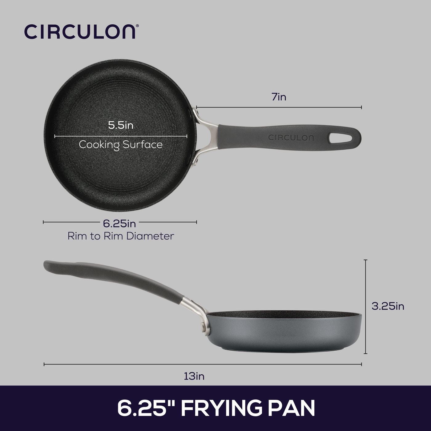 Diagram of a grey 6.25-Inch Open Skillet with labeled dimensions.