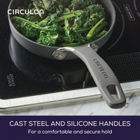 Pan on induction stove, 6.25" Open Skillet green with cast steel handle.