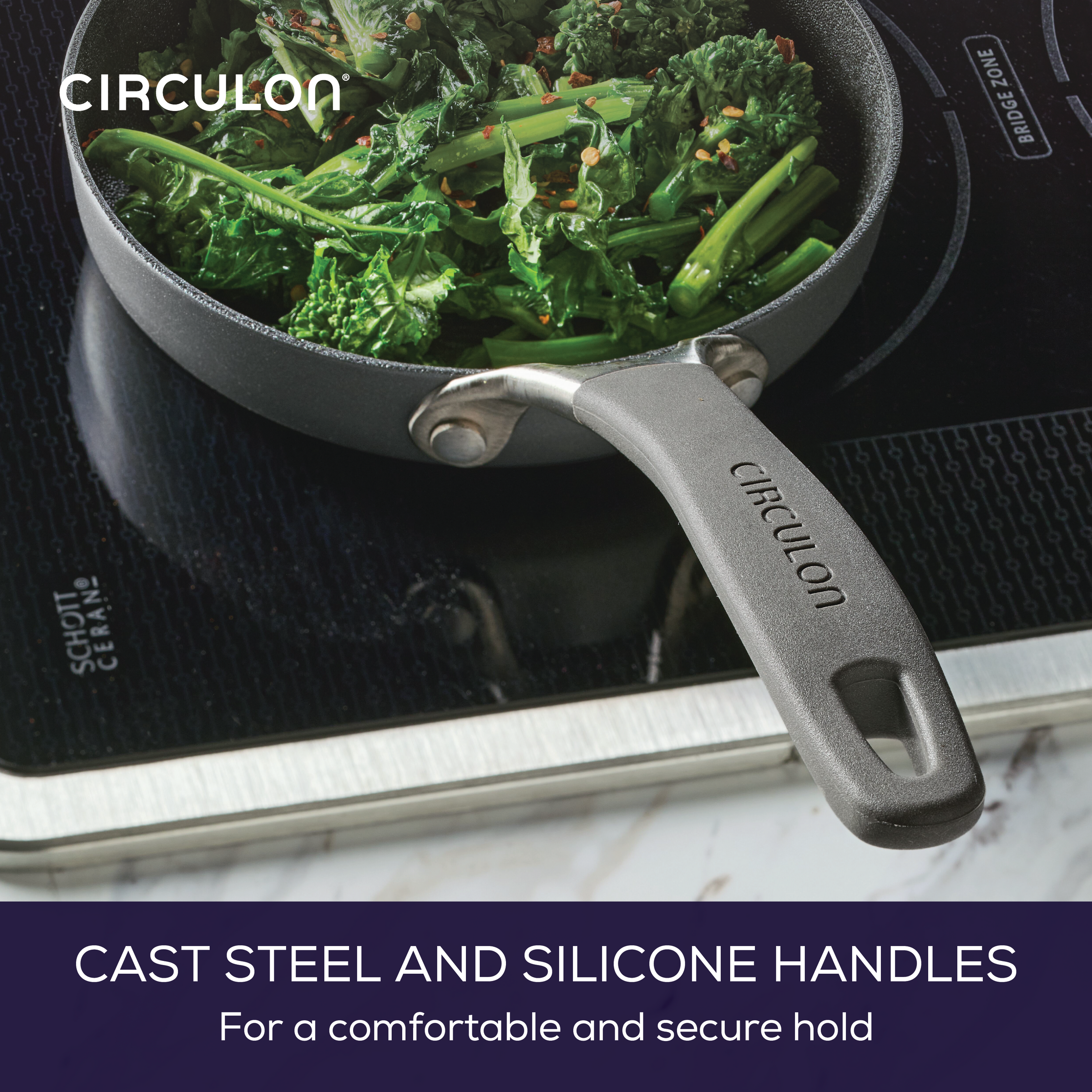 Pan on induction stove, 6.25" Open Skillet green with cast steel handle.