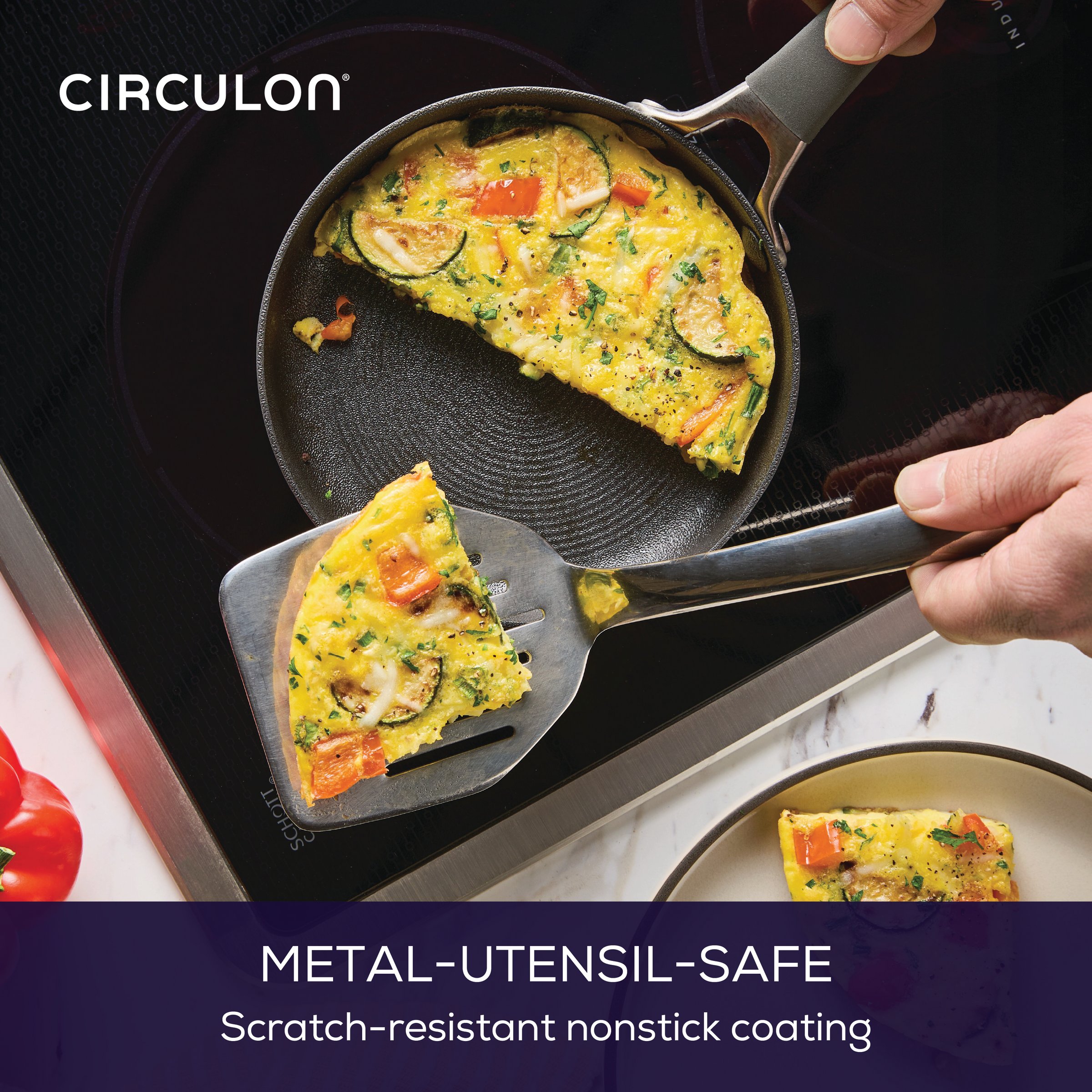 Cook veggie frittata in 6.25-Inch Open Skillet with metal spatula.